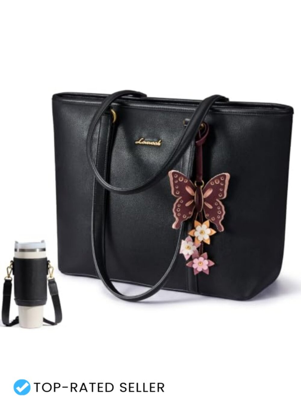 Vegan Leather Tote Bag with Water Bottle Carrier & Butterfly Pendant